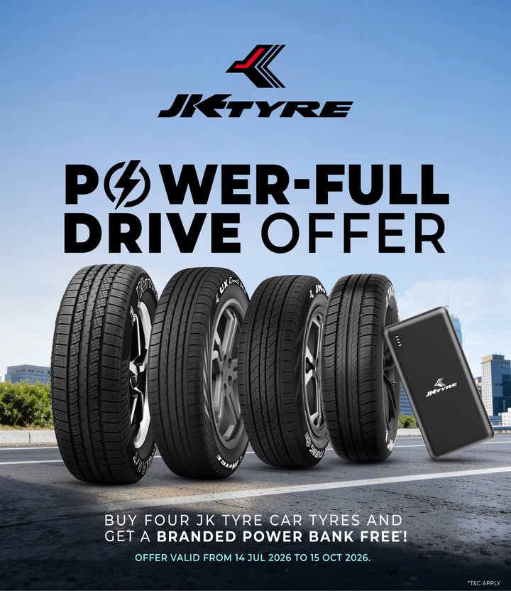 It s time to power up your drive With JK Tyre s Power Full Drive Offer, purchase 4 JK Tyre car tyres and receive a complim...