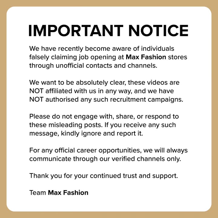 Important Notice We ve recently come across recruitment related content being shared online that is not affiliated with Max...