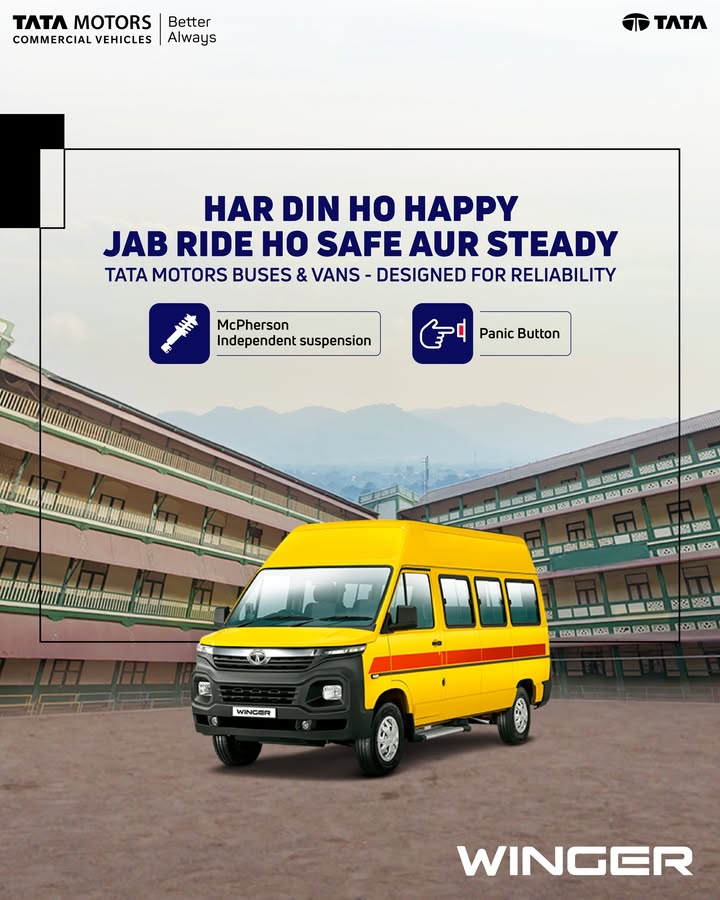 Every school journey should begin and end with peace of mind. Thats why the Tata Winger School comes equipped with Front Independent Suspension and Panic Button, adding an extra layer of protection where it matters the most Every school journey should begin and end with peace of mind