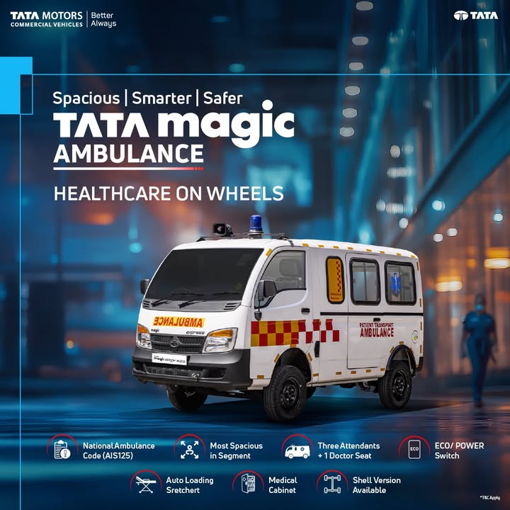 Presenting the Tata Magic Ambulance that steps up with a design focused on fast and efficient medical transport. It offers sufficient space with dedicated seating for a doctor and three attendants Presenting the Tata Magic Ambulance that steps up with a design focused on fast and efficient medical transport