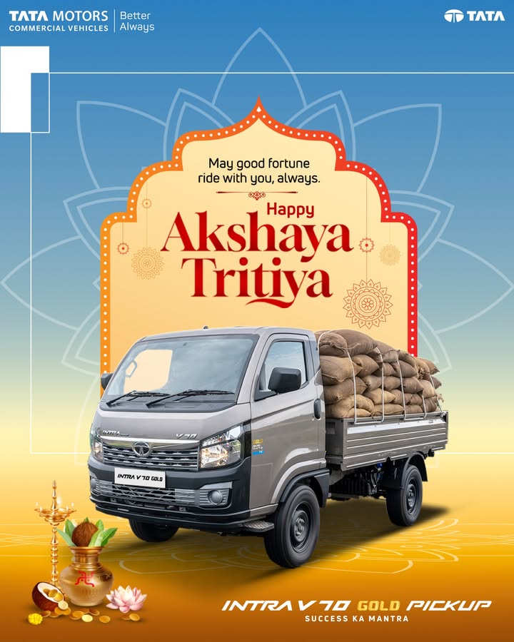 On this auspicious Akshaya Tritiya, drive forward with Tata Intra V70 Gold . May every mile you travel bring new growth, strength, and success. AkshayaTritiya2025 TataMotorsCommercialVehicles BetterAlways TataMotorsSmallTrucks IntraV70 V70 On this auspicious Akshaya Tritiya, drive forward with Tata Intra V70 Gold