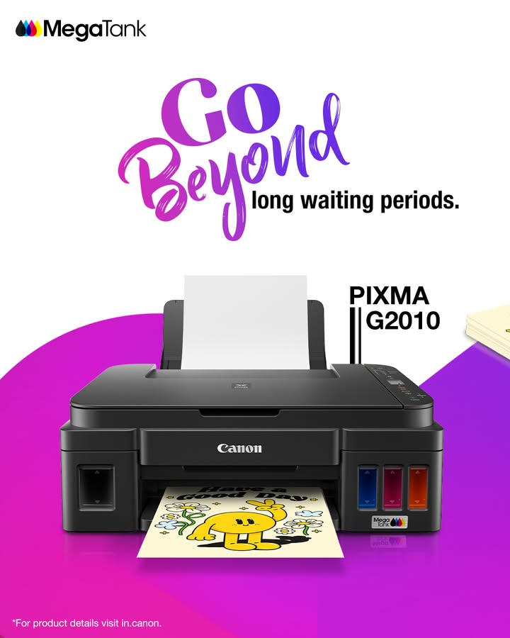 Say goodbye to long waits Print faster and smarter with Canon PIXMA G2010 MegaTank delivering vibrant prints at impress...