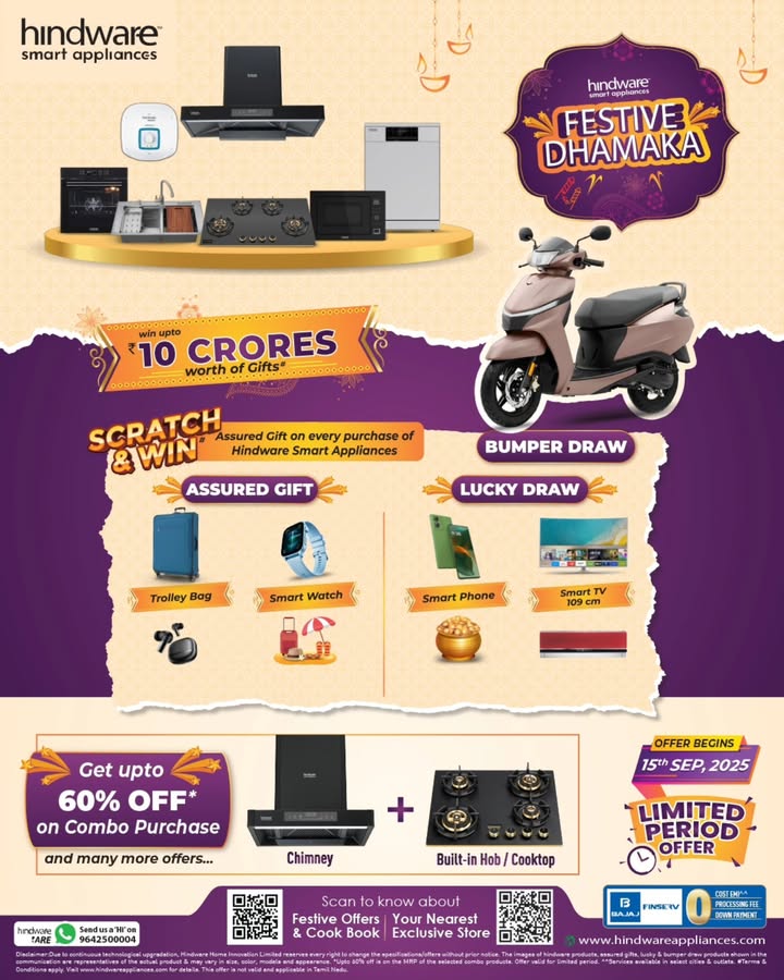  This festive season, double your celebrations with Hindware Smart Appliances Scratch Win assured gifts bumper prizes...