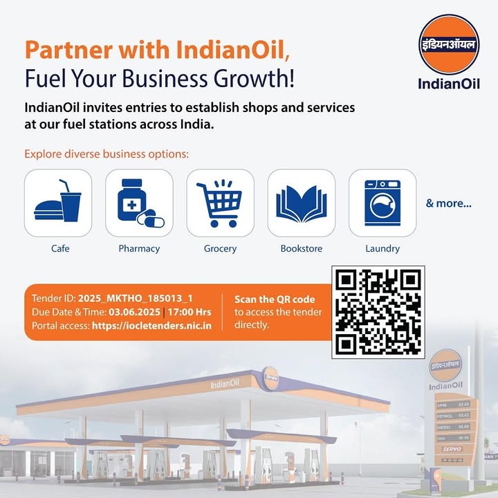 Your business, our fuel stations a perfect match IndianOil invites you to set up shops and services at our Fuel Stations across India. Expand your reach and grow with us Tender ID 2025 MKTHO 185013 1 Due Date 03.06 Your business, our fuel stations a perfect match IndianOil invites you to set up shops and services at our Fuel Stations ...