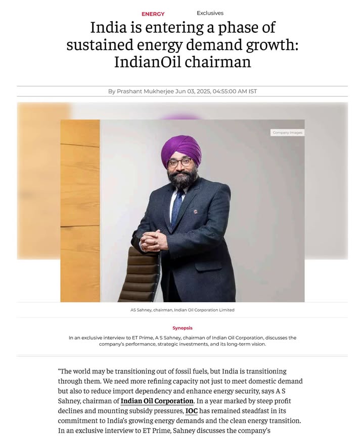 India is entering a phase of sustained energy demand growth, says Mr A S Sahney, Chairman, IndianOil, in an exclusive inter...