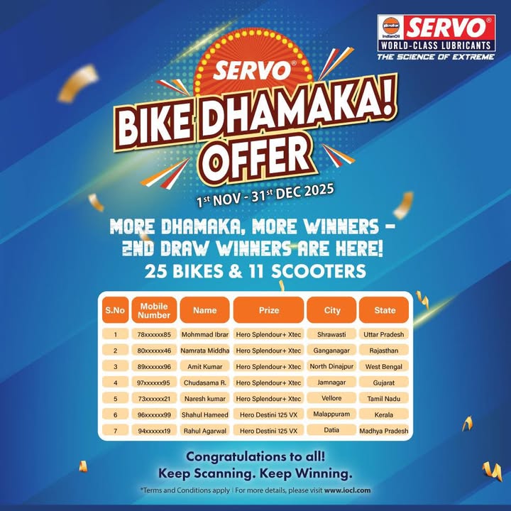 More cheers, more winners, more Dhamaka Congratulations to the second draw winners of the SERVO Bike Dhamaka Offer, your lu...
