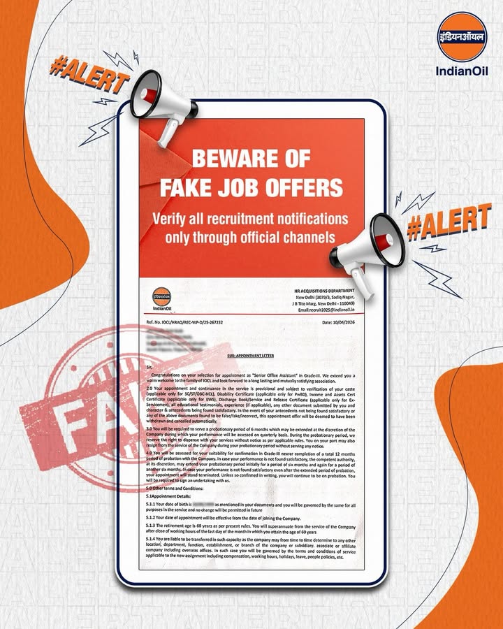 IndianOil does not authorize any individual or agency to issue appointment offers outside its official recruitment process
