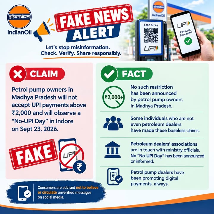 Claim A message is going viral on social media claiming that petrol pump owners in Madhya Pradesh have announced that UPI p...