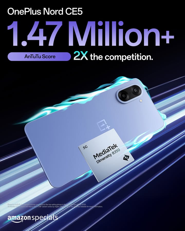 Beating the competition is basic. Doubling it Thats how OnePlusNordCE5 rolls. 1.47M score wrapped in a slick Nexus Blue. Beating the competition is basic. Doubling it Thats how OnePlusNordCE5 rolls. 1.47M score wrapped in a slick Nexus Blue.