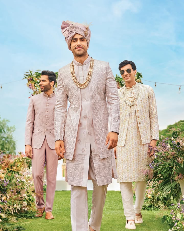 The groom and his men, dressed in the calm grandeur of the Aranya Collection textured fabrics, nature inspired motifs, and...