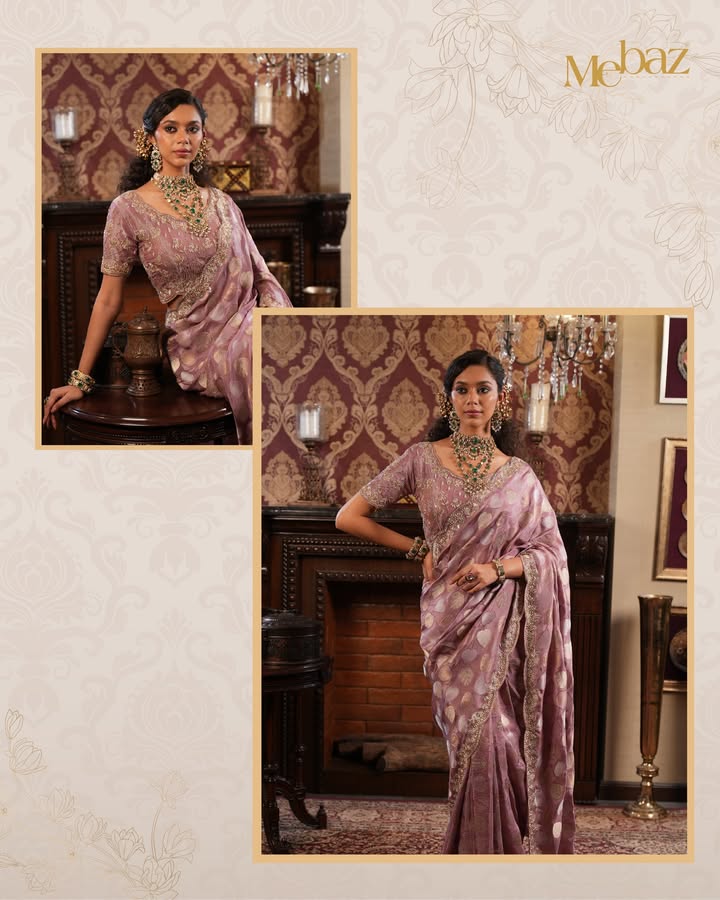 This embellished lilac saree is all about subtle glam and timeless elegance perfect for making a statement at any celebrat...