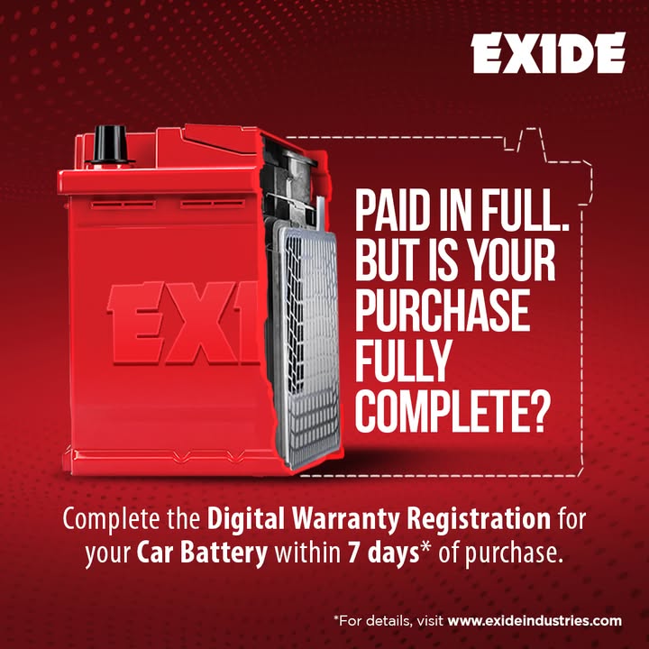 Bought your new Exide car battery Don t forget the final step Complete the Digital Warranty Registration within 7 da...