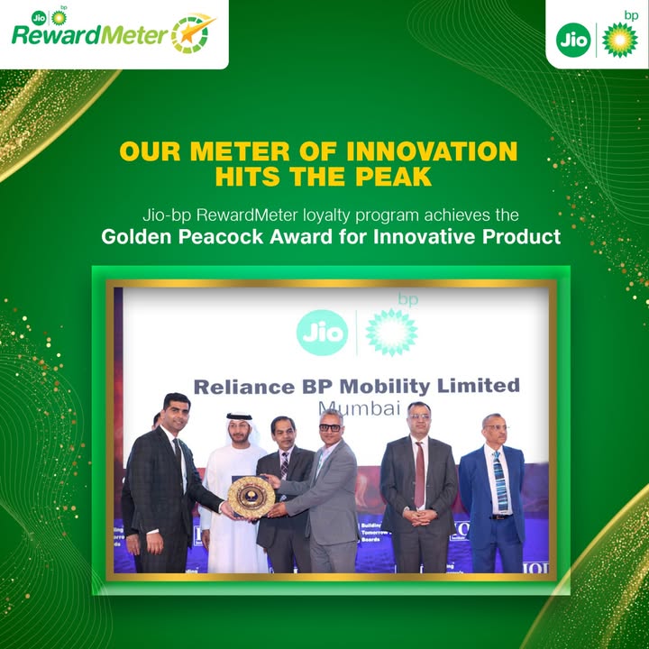 We are delighted to share that the Jio bp RewardMeter Loyalty Program has won the prestigious Golden Peacock Award for Innovative Product at a ceremony in Dubai organized by Institute of Directors, India Designed for commercial vehicle drivers, RewardMe... We are delighted to share that the Jio bp RewardMeter Loyalty Program has won the prestigious Golden Peacock Award for Innov...