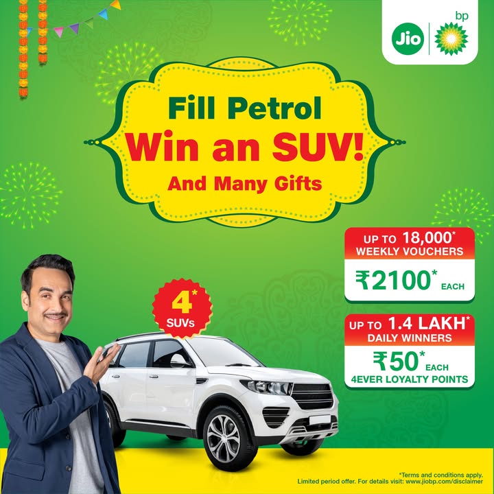 This festive season, every refill at Jio bp is a chance to win 4 SUVs, 18,000 weekly vouchers worth 2100 each, and 50...