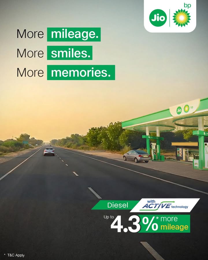 Diesel with ACTIVE Technology at Jio bp gives you up to 4.3 more mileage, so your journeys stretch further than ever