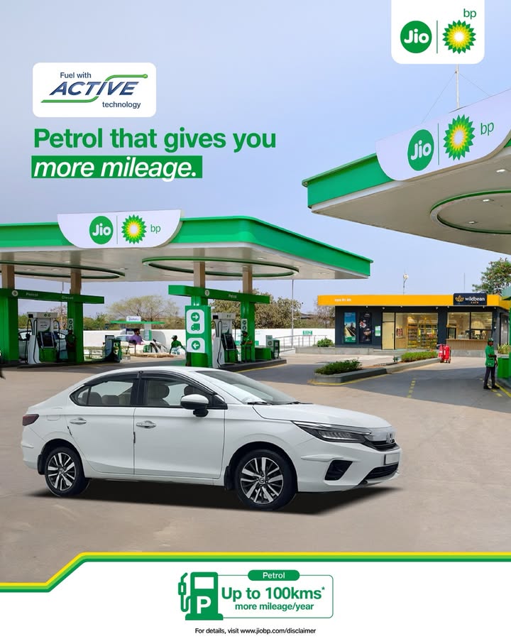 Keep your drive going longer. Petrol with Active technology at Jio bp delivers up to 100 km more mileage every year