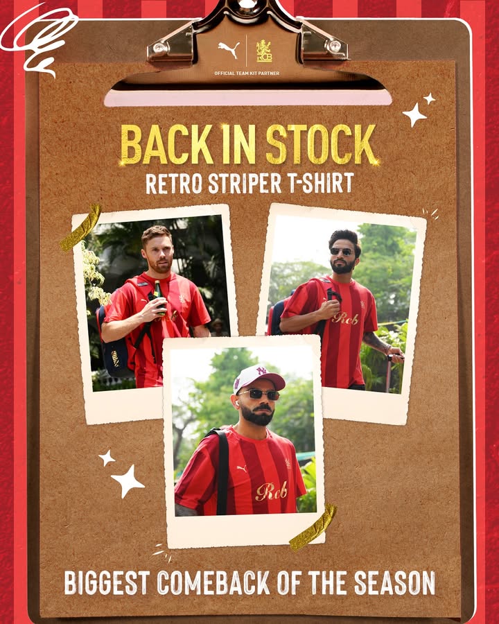 You wanted it. You got it. royalchallengers.bengaluru Your favourite PUMAxRCB tee is back in stock on PUMA.com, App, Stores RCB Website. You wanted it. You got it. royalchallengers.bengaluru Your favourite PUMAxRCB tee is back in stock on PUMA