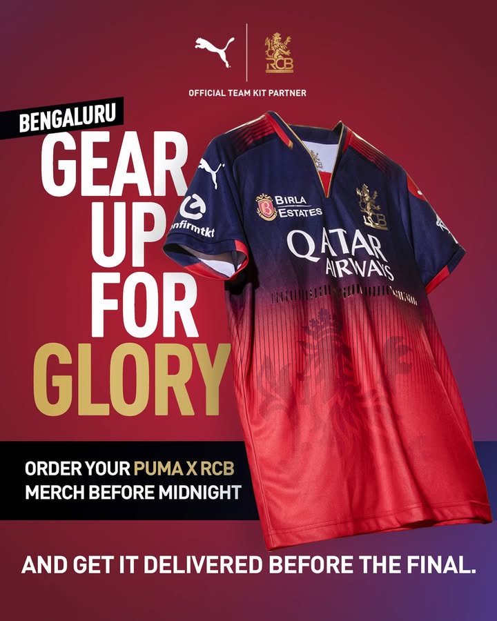 Bengaluru fam, theres still time for a special delivery Order before midnight and get your PUMAxRCB merch delivered before the final tomorrow. Note Only applicable for Bengaluru orders. Bengaluru fam, theres still time for a special delivery Order before midnight and get your PUMAxRCB merch deliver...