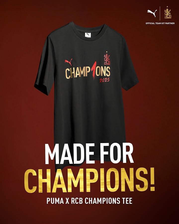 Yes. Its real. We have a Champions Tee now. Get your hands on the special edition PUMA x RCB CHAMPIONS t shirt. Just dropped at PUMA.com, App Stores. PUMAxRCB PlayedBold Yes. Its real. We have a Champions Tee now. Get your hands on the special edition PUMA x RCB CHAMPIONS t shirt