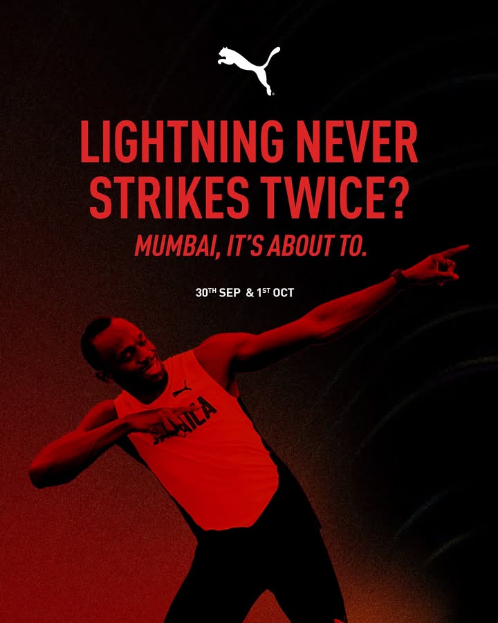 THE FASTEST MAN ALIVE. TOUCHING DOWN IN INDIA. usainbolt From supercars to superstars, from the hottest DJs to the biggest players, gear up for two unforgettable nights with PUMA and the legendary Usain Bolt on 30th Sep and 1st Oct in Mumbai THE FASTEST MAN ALIVE. TOUCHING DOWN IN INDIA