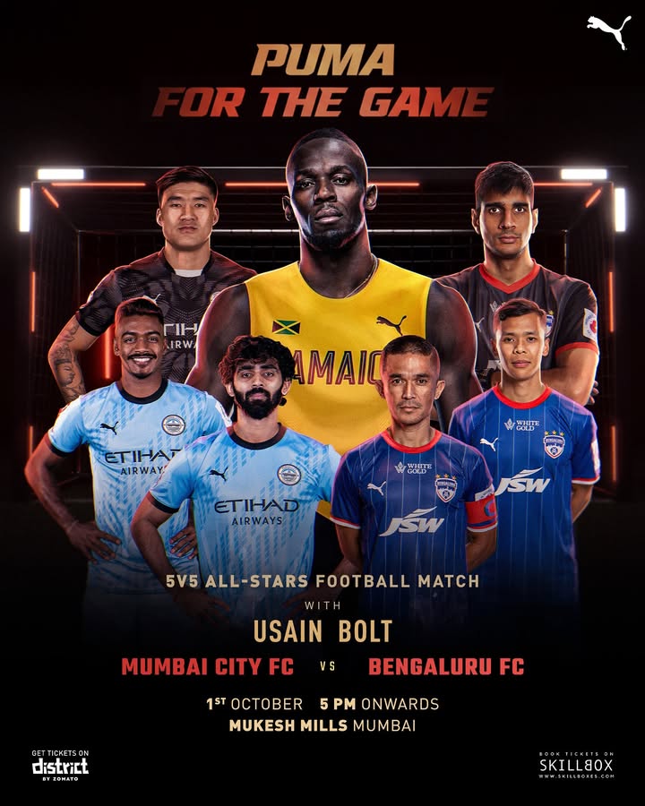 The biggest players. The fastest man alive. Under one roof. Celebrate an evening dedicated to Indian football as bengalurufc take on Mumbai City FC in a star studded 5v5 spectacle with USAIN BOLT. Get your tickets now on Skillbox The biggest players. The fastest man alive. Under one roof