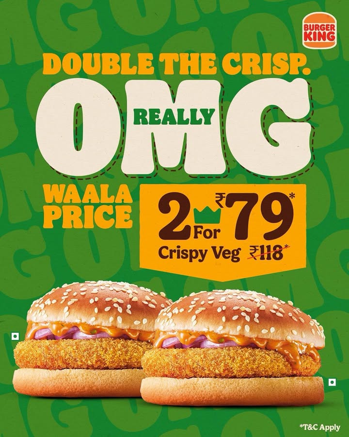 Let your cravings rule Grab your 2 Crispy Veg burgers at a Burger King Restaurant near you. BurgerKing 2CrispyVegAt79