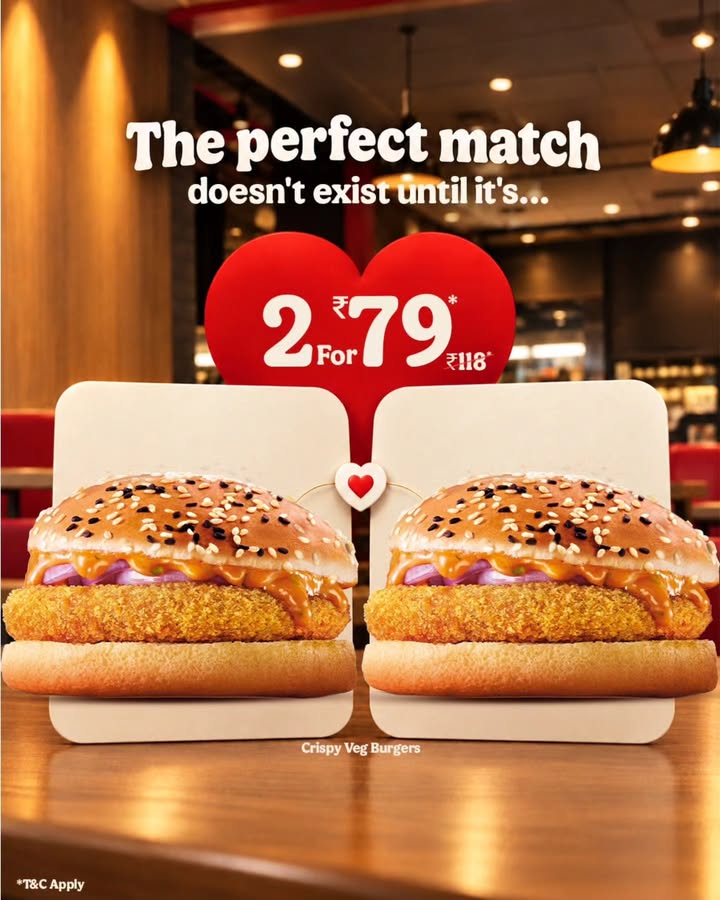 Forget the talking stage. This match is ready to munch. Get two Crispy Veg Burgers for just 79