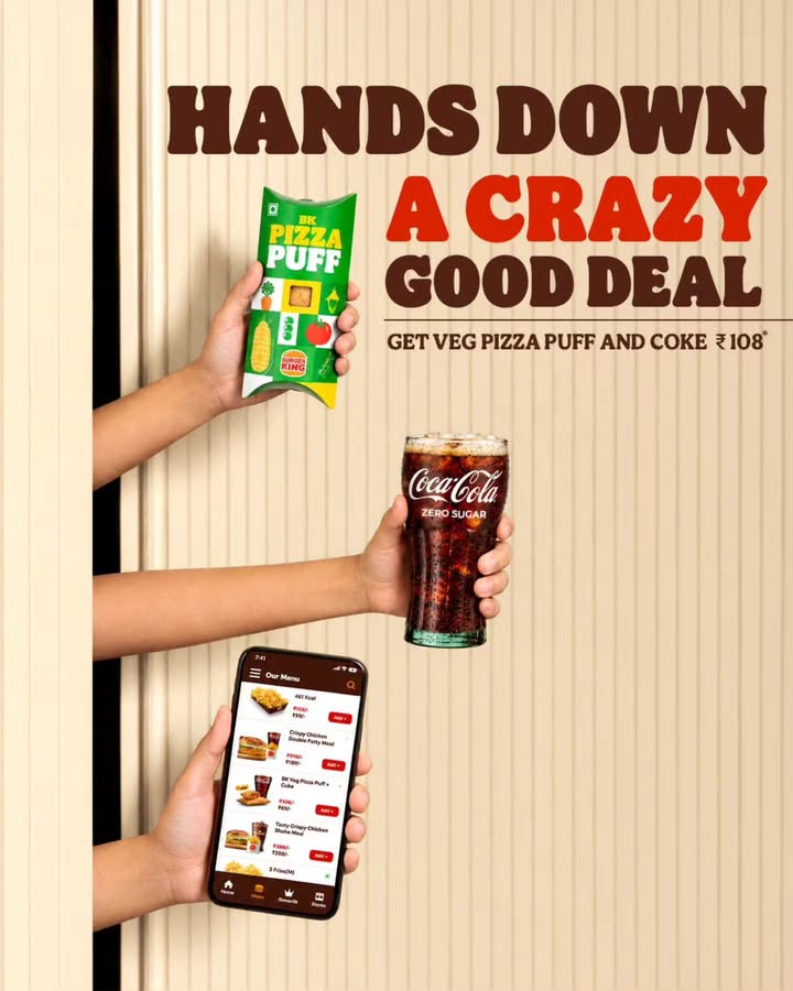 Tap into tasty savings. Just 108 for Veg Pizza Puff and Coke, only on the BK app in Crazy App Deals section