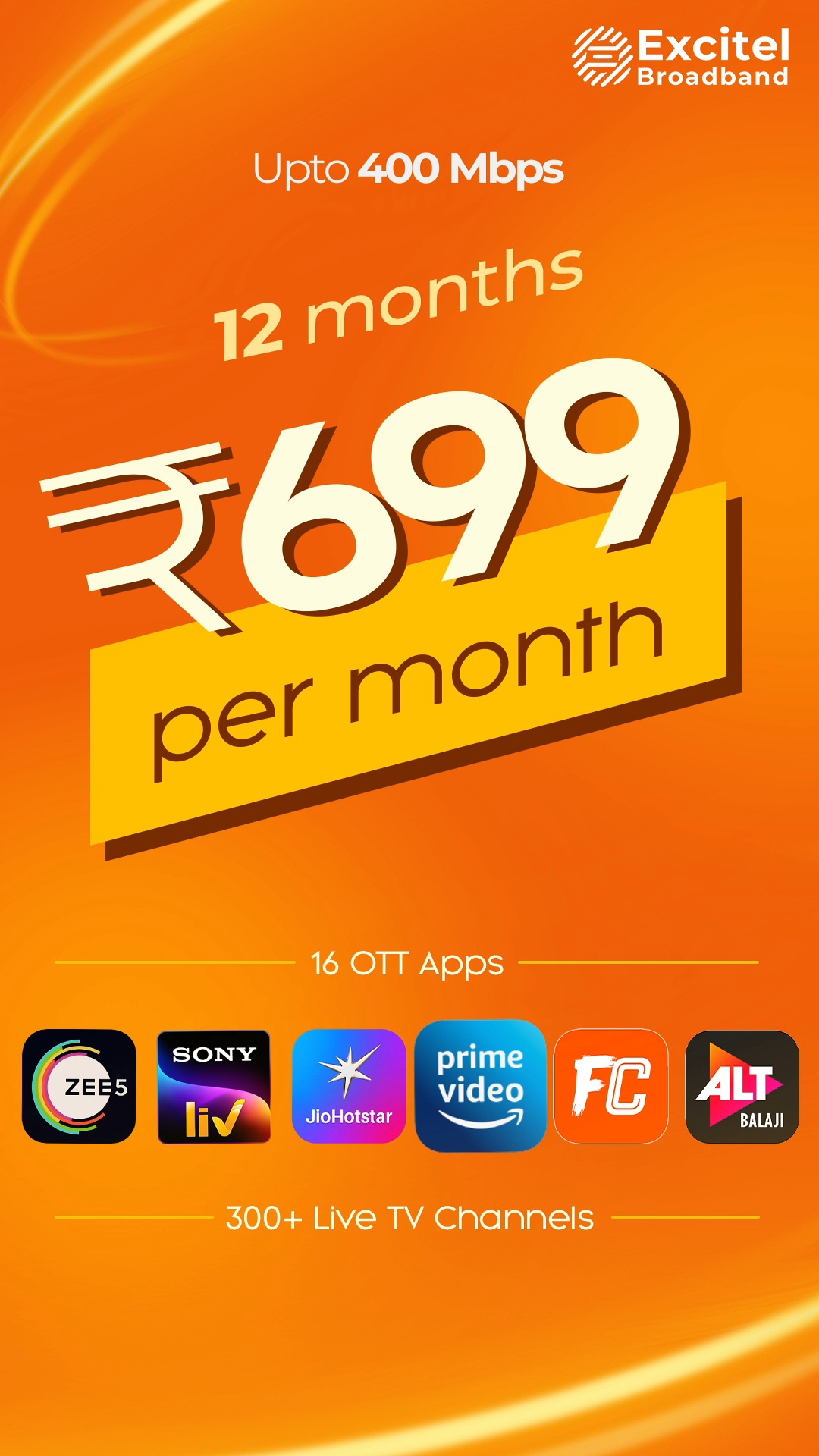 Why settle for less when you can have it all With Excitel Broadbands 400 Mbps plan, enjoy blazing fast speed, unlimited dat...