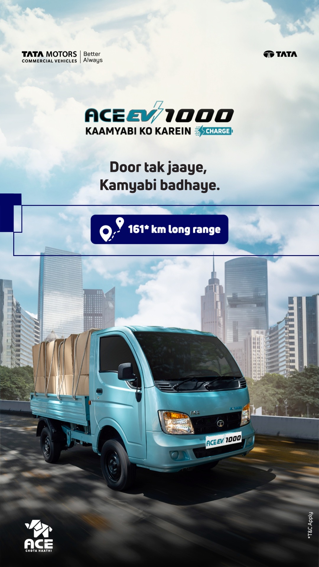 Charge your success with the Tata Ace EV 1000, delivering an impressive range of 161 km