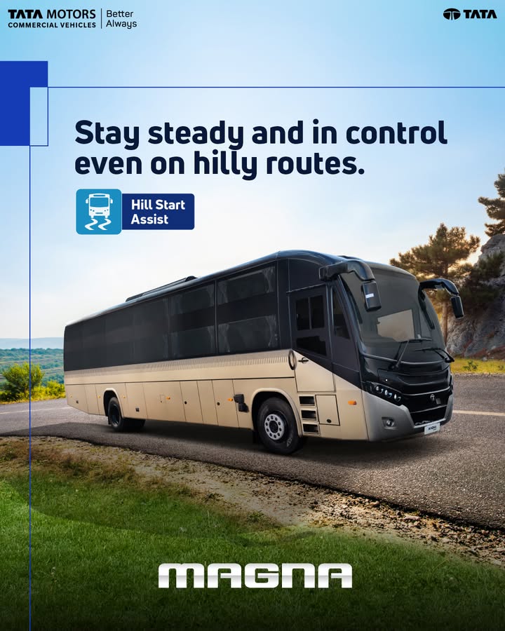 The Hill Start Assist feature in the Tata Magna helps in preventing the bus from rolling backwards on slopes