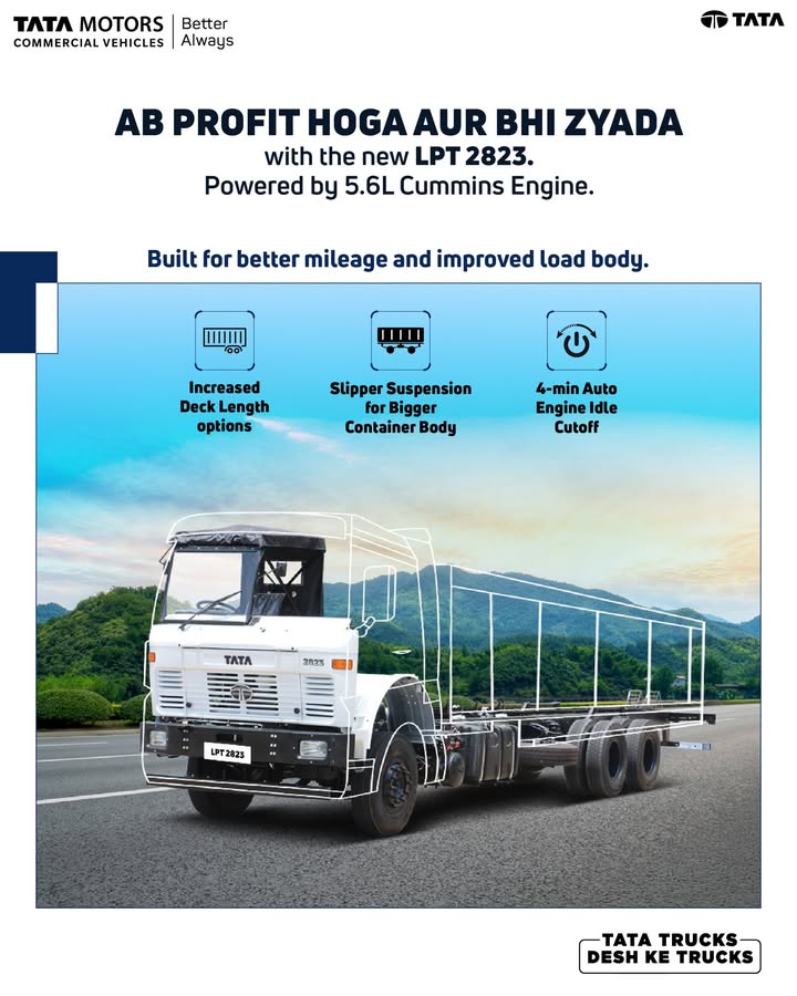 Drive higher efficiency with the new Tata LPT 2823, powered by the reliable 5.6L Cummins engine