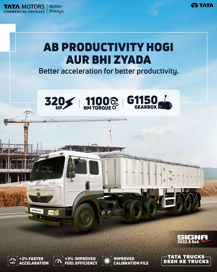 The Tata Signa 5532.S 6x4 features the advanced G1150 gearbox, providing faster acceleration and better fuel efficiency