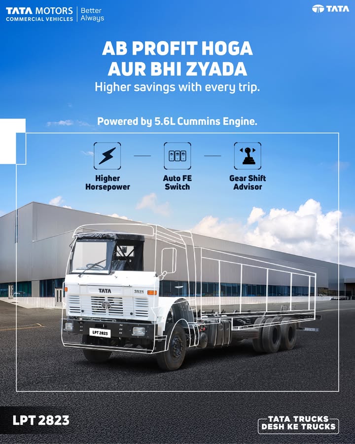 The Tata LPT 2823 is powered by a 5.6L Cummins engine that delivers higher horsepower for demanding long trips
