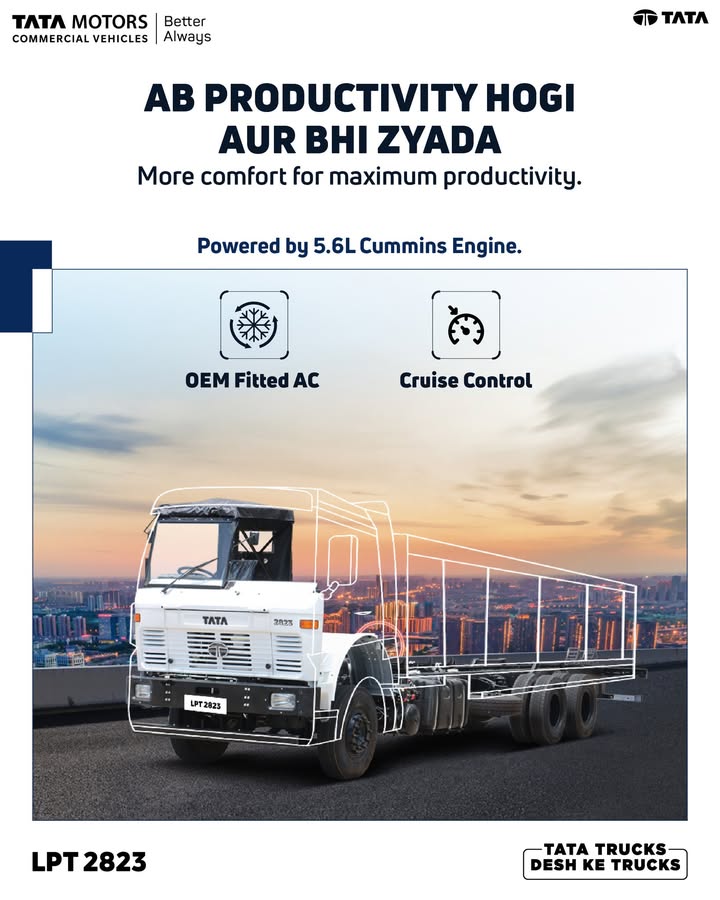 The Tata LPT 2823 is powered by a 5.6L Cummins engine, delivering reliable performance across every route