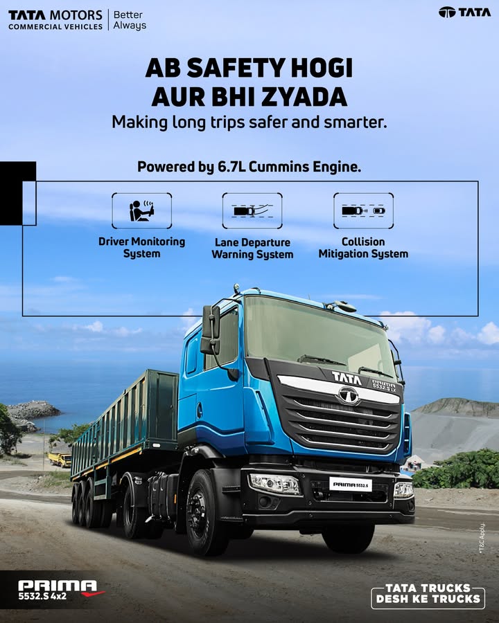 The Tata Prima 5532.S 4x2 pairs a powerful 6.7L Cummins engine with safety features designed for long trips