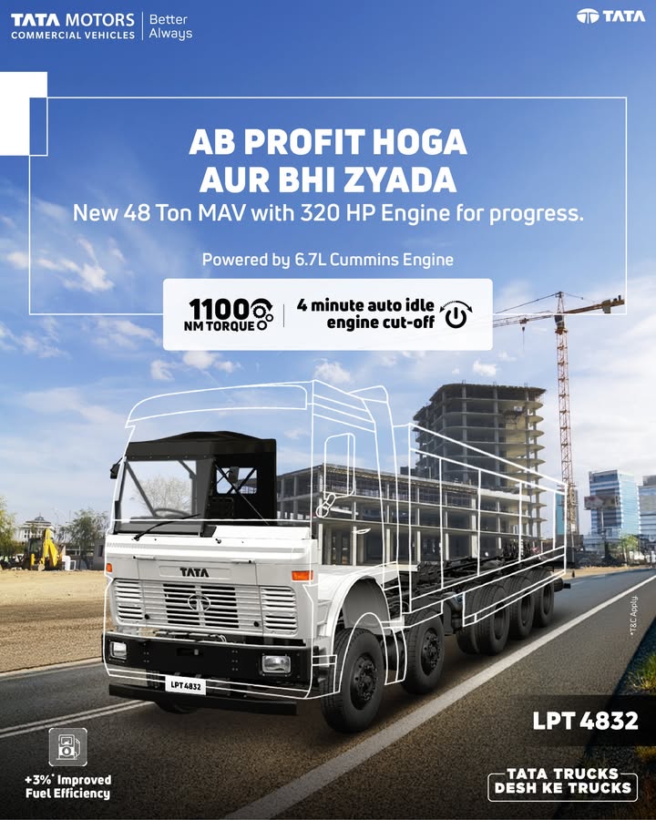 The Tata LPT 4832 is powered by a 6.7L Cummins engine delivering 320 HP and 1100 Nm of torque