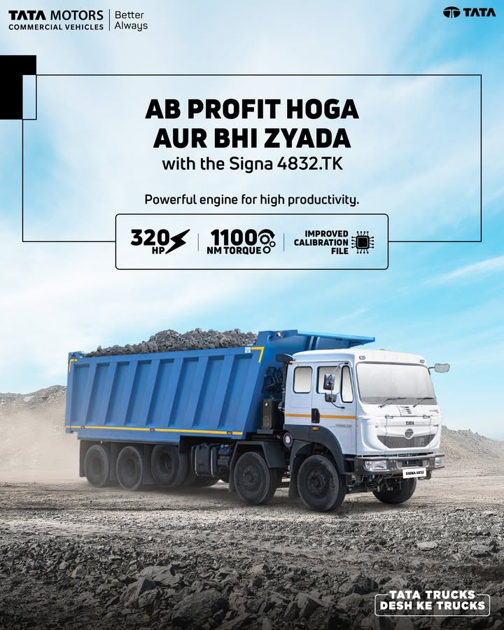 The Tata Signa 4832.TK delivers 320 HP and 1100 NM of torque, ready to carry heavy loads on long routes