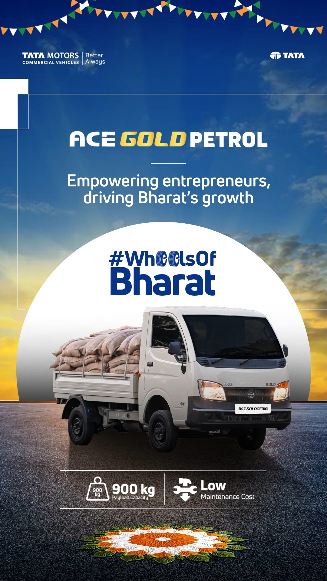 The Ace Gold Petrol drives businesses forward with powerful performance. We are the WheelsOfBharat, moving India ahead