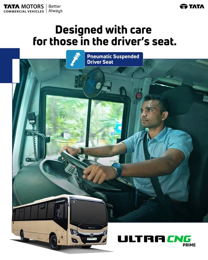 The Tata Ultra Prime CNG bus has a mechanically suspended driver seat that handles rough roads better