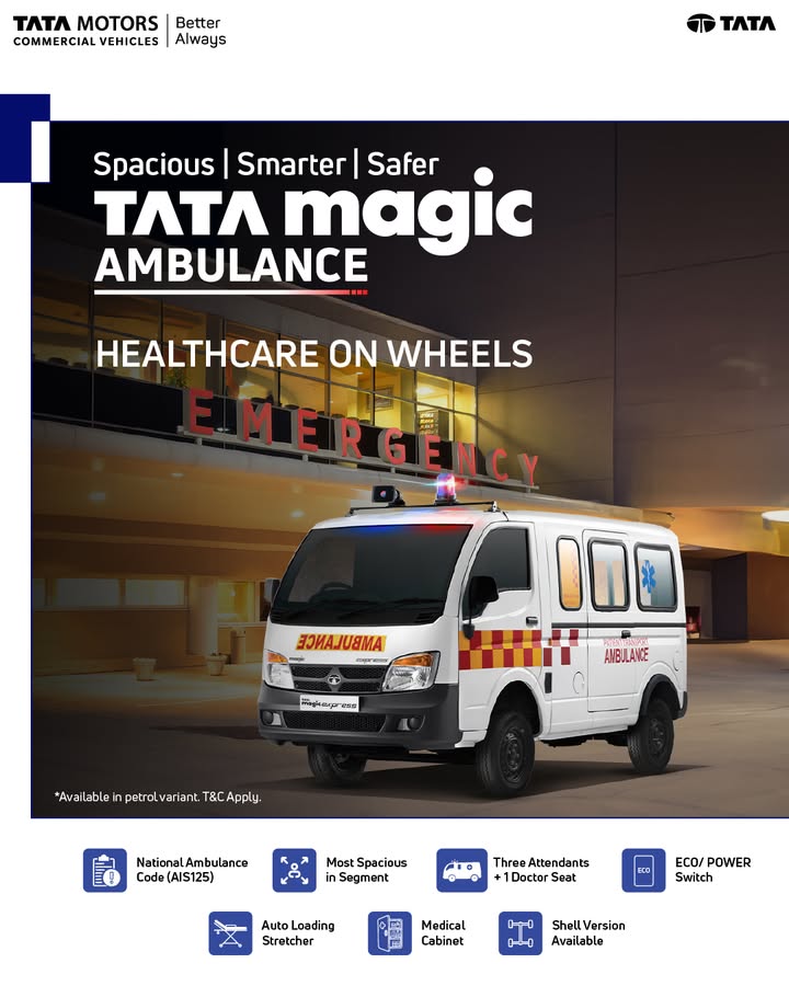 The Tata Magic Ambulance is built to ensure reliable healthcare mobility with the perfect combination of space, safety, and ...