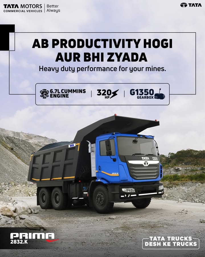 The Tata Prima 2832.K is built to deliver maximum performance, even in the toughest conditions. Whether on highways or in deep mining sites, it ensures productivity and reliability on every trip. Powered by a 6 The Tata Prima 2832.K is built to deliver maximum performance, even in the toughest conditions