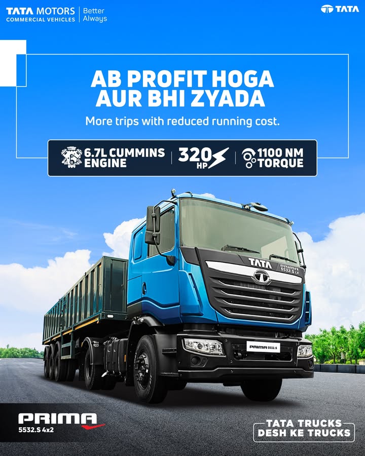 The Tata Prima series, powered by a dependable 6.7 L Cummins engine with 320 HP and 1100 Nm torque, delivers the strength and efficiency needed to handle every load effortlessly The Tata Prima series, powered by a dependable 6