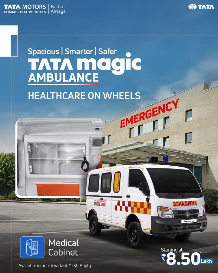 The Tata Magic Ambulance comes equipped with a factory fitted medical cabinet, keeping essential equipment organised and within reach. This ensures patients receive timely care while attendants work efficiently The Tata Magic Ambulance comes equipped with a factory fitted medical cabinet, keeping essential equipment organised and wi...