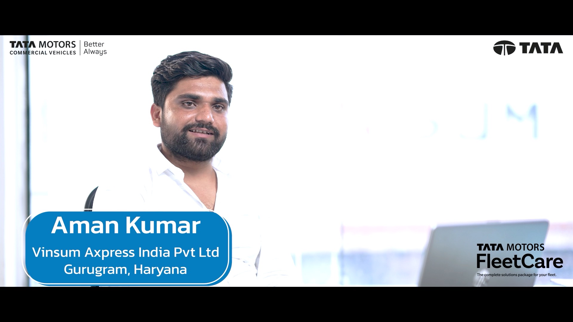Hear from Mr. Aman Kumar of Vinsum Axpress India Pvt. Ltd., Gurugram, who operates a fleet of over 300 Tata vehicles. With Tata Motors Suraksha AMC, his business benefits from timely service, minimal breakdowns, and maximum uptime Hear from Mr. Aman Kumar of Vinsum Axpress India Pvt. Ltd., Gurugram, who operates a fleet of over 300 Tata vehicles