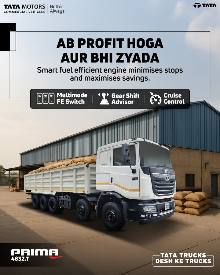 The Tata Prima 4832.T keeps your fleet moving efficiently while reducing fuel costs and saving precious time. With Multimode FE Switch, Cruise Control and Gear Shift Advisor, it ensures smoother driving, optimized fuel efficiency, and fewer stops The Tata Prima 4832.T keeps your fleet moving efficiently while reducing fuel costs and saving precious time