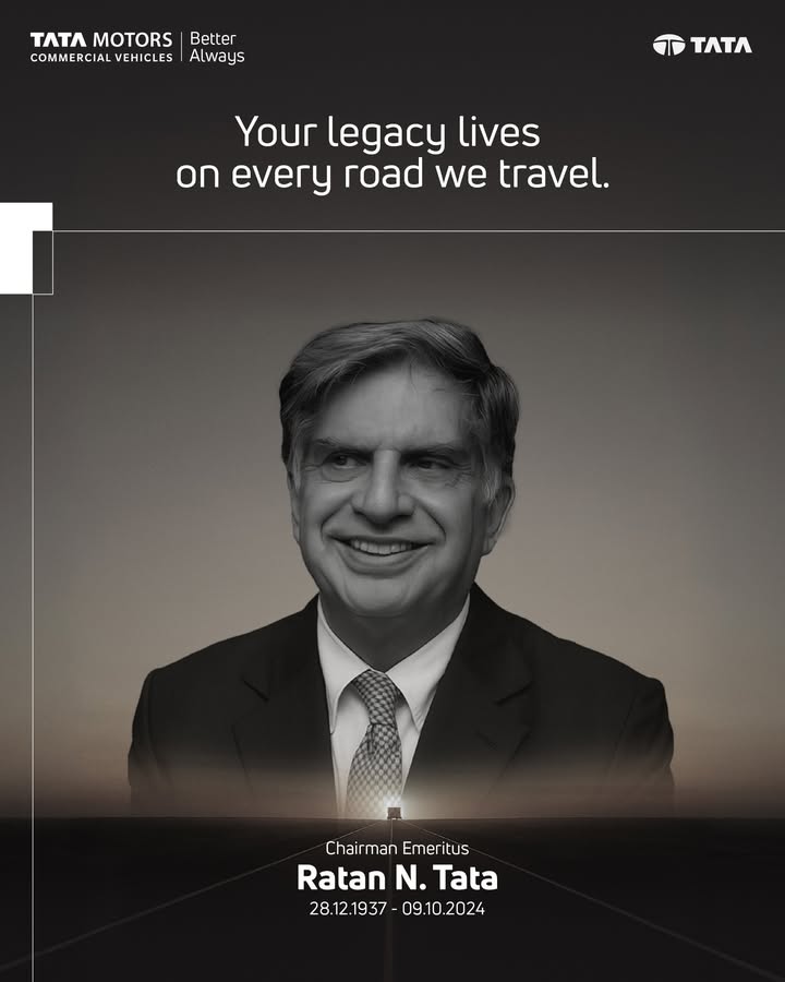 A visionary who built with purpose and led with heart. A leader whose vision continues to inspire. Remembering Mr. Ratan N Tata, forever our guiding light. RememberingRatanTata LegacyOfTrust TataMotors TataMotorsCommercialVehicles A visionary who built with purpose and led with heart. A leader whose vision continues to inspire. Remembering Mr