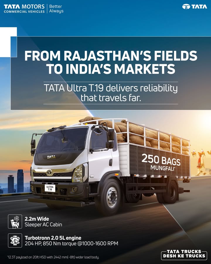 With the Tata Ultra T.19, transporters can deliver up to 250 bags of mungfali in a single trip. Making every journey faster, more efficient and more profitable. Whether its from Rajasthan to Gujarat or from Uttar Pradesh to Bihar, the Tata Ultra T With the Tata Ultra T.19, transporters can deliver up to 250 bags of mungfali in a single trip