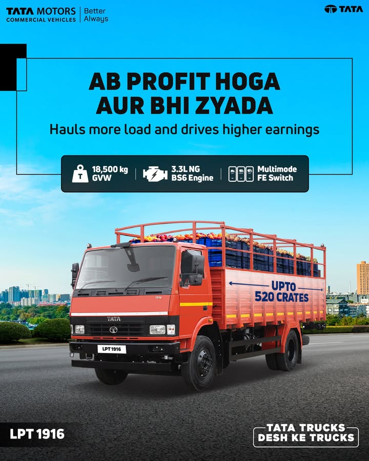 More profit, more productivity Capable of hauling up to 520 crates with an 18,500 kg GVW, Tata Motors LPT 1916 powered by the 3.3L NG BS6 engine delivers higher earnings on every trip More profit, more productivity Capable of hauling up to 520 crates with an 18,500 kg GVW, Tata Motors LPT 1916 powered by ...