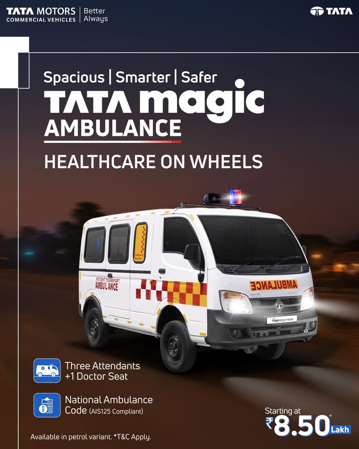 The Tata Magic Ambulance is the most spacious ambulance in the segment with Three attendants 1 doctor seat. It is AIS125 compliant, meeting national ambulance standards for safety and reliability The Tata Magic Ambulance is the most spacious ambulance in the segment with Three attendants 1 doctor seat